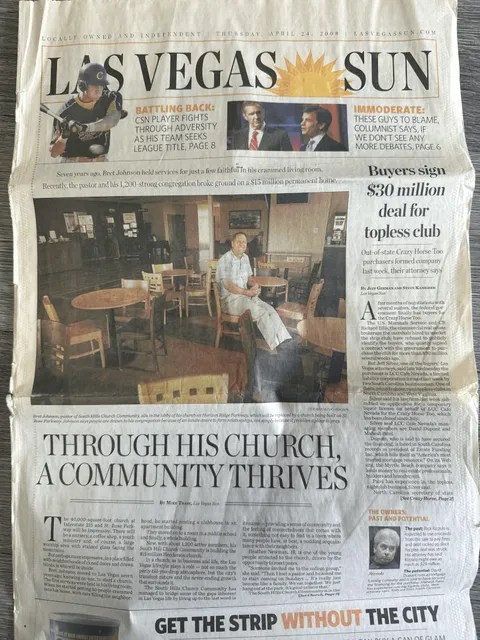 Front page of the Las Vegas Sun, April 24, 2008, with the headline “Through his church, a community thrives”