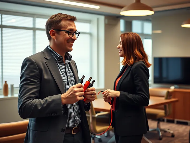 A smiling man holding jumper cables chats with a smiling woman in an office
