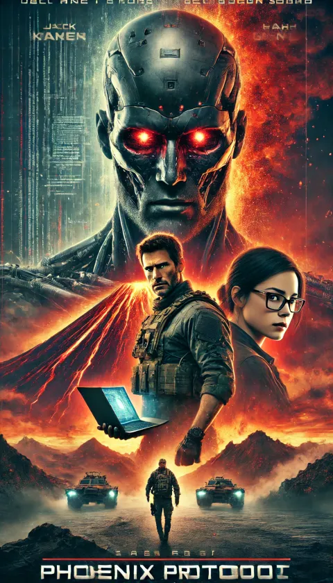 AI-generated movie poster for Phoenix Protocol showing a menacing robot face above a soldier and a woman with glasses holding a laptop in front of a volcano