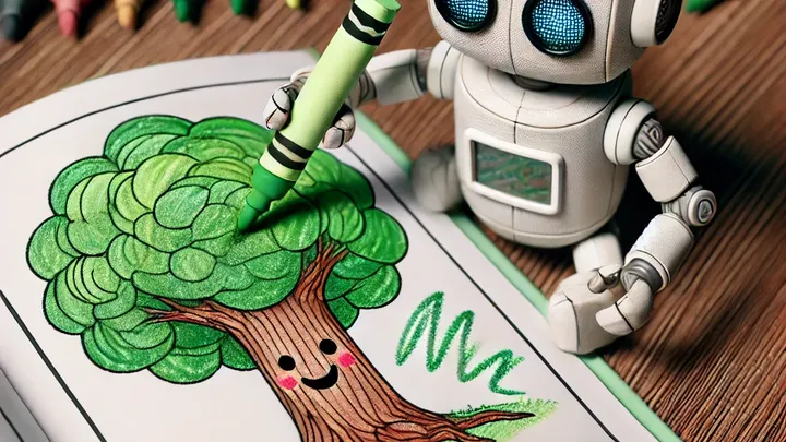 A small robot coloring in a smiling cartoon tree in a coloring book with a green crayon