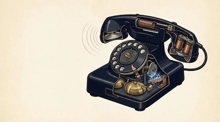 Cutaway illustration of a black 1950s rotary telephone showing its bells, dial mechanism, and seven small electrical sparks at the contacts